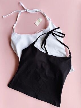 Sz M OFFLINE By Aerie Set Of 2 The Hugger Halter Top In True Black & White NWT